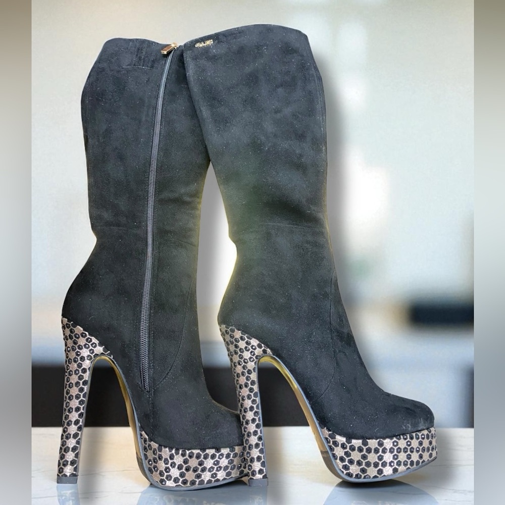 Elegant S.E.Lena Black Suede High Heel Platform Knee High Boots Size 35 (5) - Picture 3 of 16